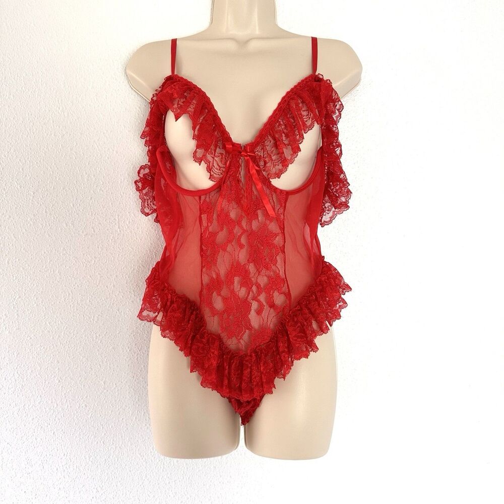 Vintage 80s Red Escante Sheer Lingerie Lace Ruffle Large Teddy L